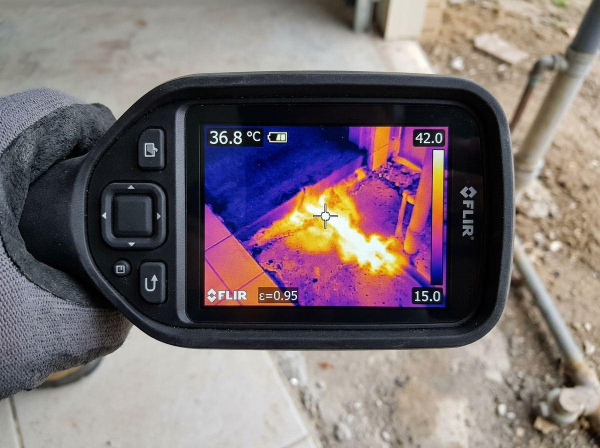 Thermal imaging of hot water slab leak showing heat radiation